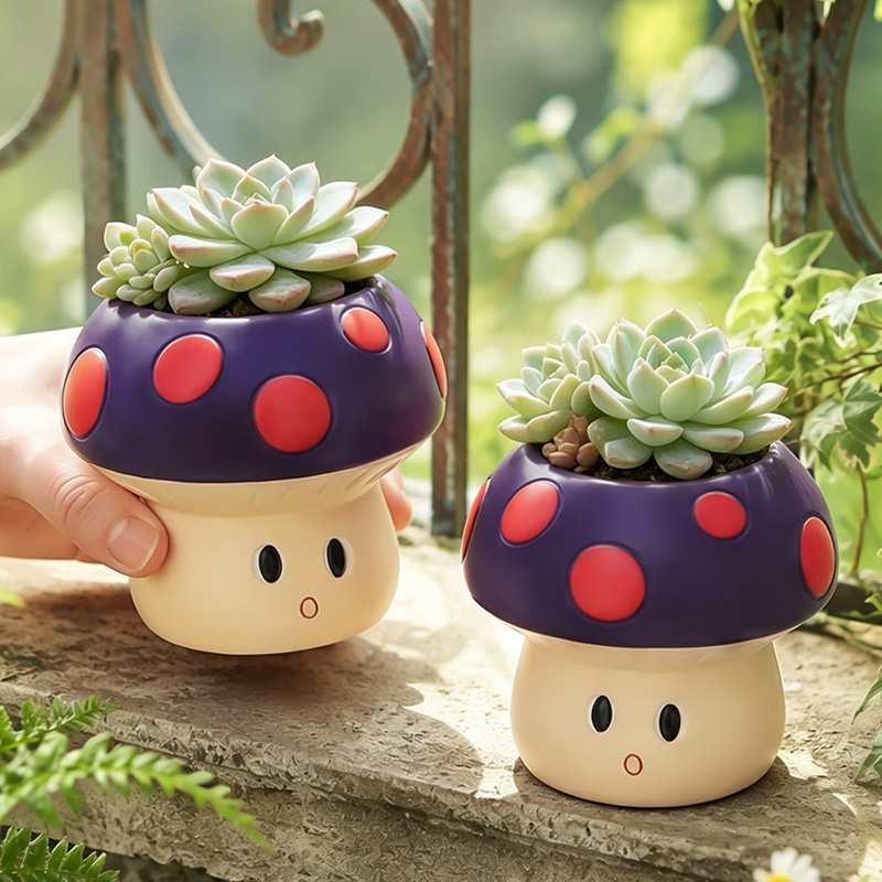 Snake Plant Ceramic - Niedlicher Cartoon-Pilz-Blumentopf aus Kunstharz für Sukkulenten,